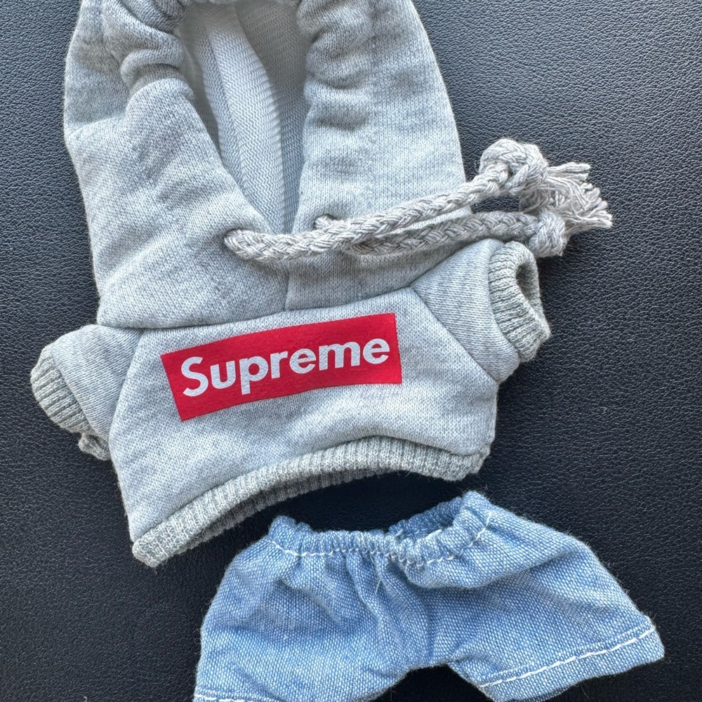 Supreme Red Logo Gray Hoodie and Blue Shorts for your Labubu